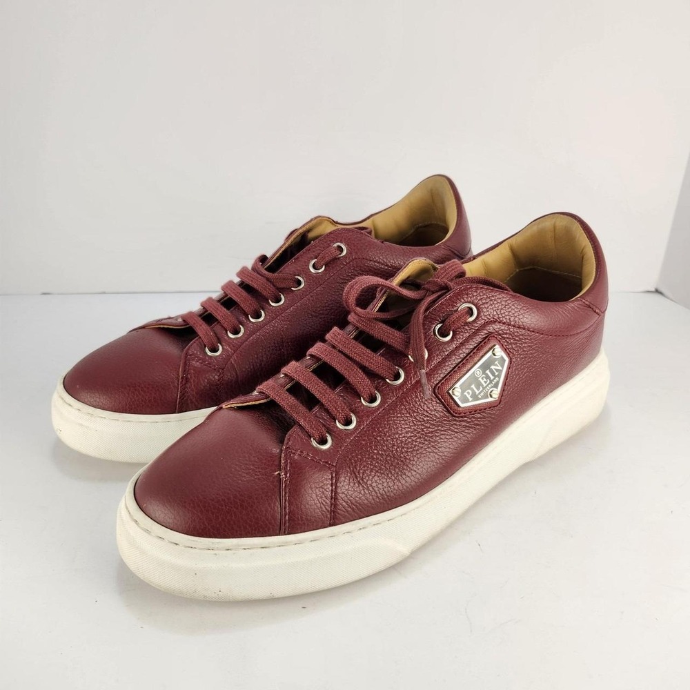 Philipp Plein Men's Sneakers Size 43 EU 10 US Burgundy Leather Low Top Logo Shoe